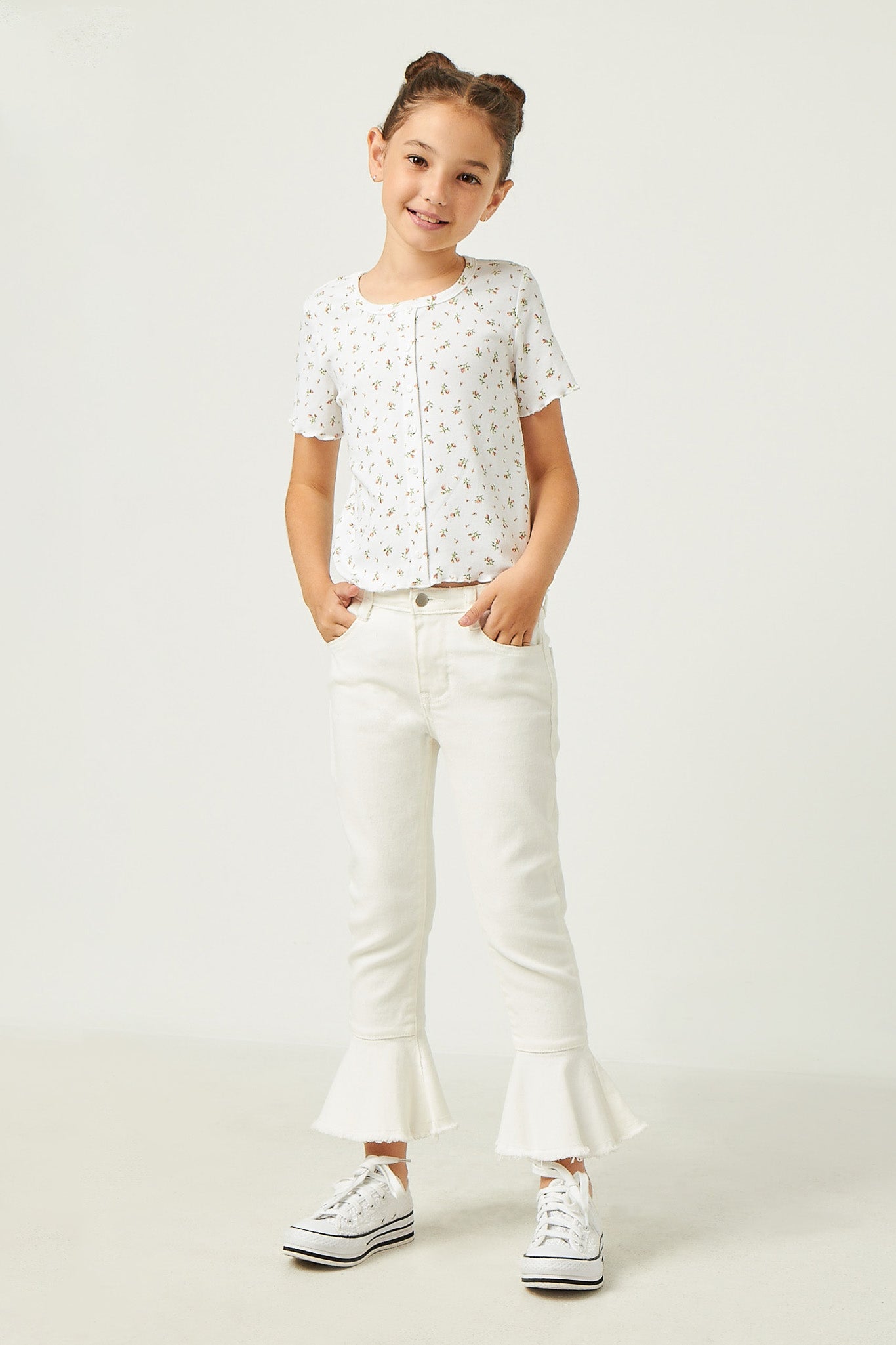 Button Detail Ditsy Floral Knit T Shirt