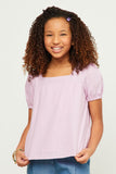 GN4517 Lavender Girls Linen Look Square Neck Puff Sleeve Top Front