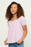 GN4517 Lavender Girls Linen Look Square Neck Puff Sleeve Top Pose