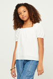 GN4517 OFF_WHITE Girls Linen Look Square Neck Puff Sleeve Top Front