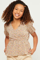 GN4532 BLUSH Girls Ditsy Floral Print Surplice Babydoll Top Front