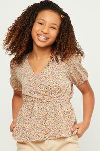 GN4532 BLUSH Girls Ditsy Floral Print Surplice Babydoll Top Front