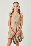 GN4533 BLUSH Girls Ditsy Floral Print Ruffle Detail Tiered Sleeveless Dress Front