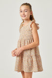 GN4533 BLUSH Girls Ditsy Floral Print Ruffle Detail Tiered Sleeveless Dress Side