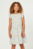 GN4536 BLUE Girls Floral Print Ruffle Sleeve Tiered Dress Front