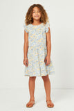 GN4536 BLUE Girls Floral Print Ruffle Sleeve Tiered Dress Full Body