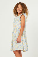 GN4536 BLUE Girls Floral Print Ruffle Sleeve Tiered Dress Side