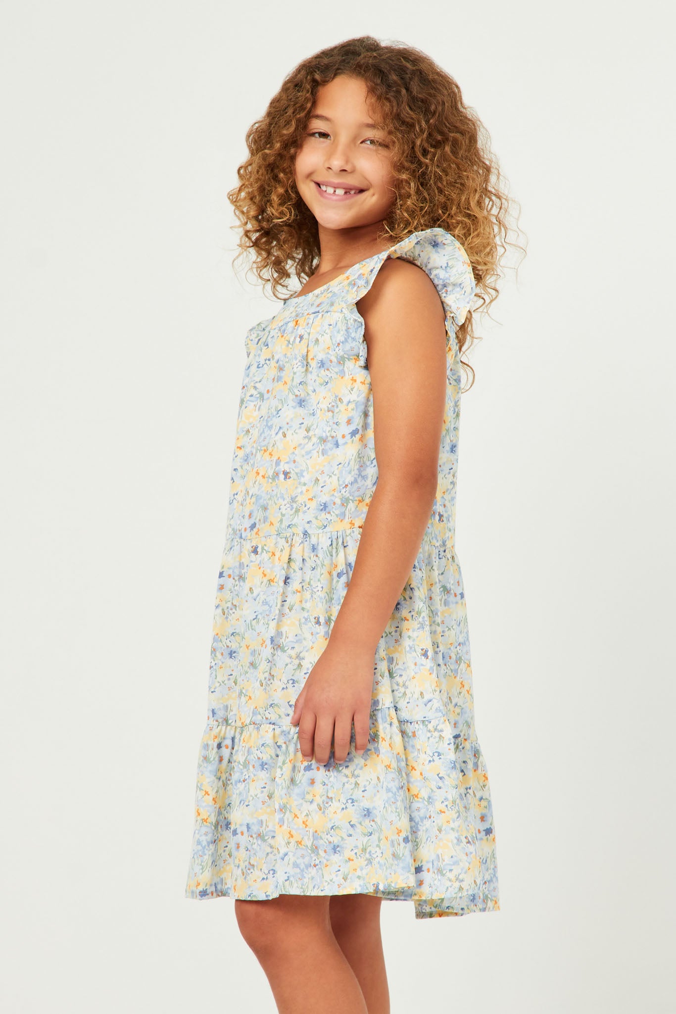 GN4536 BLUE Girls Floral Print Ruffle Sleeve Tiered Dress Side