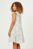 GN4536 BLUE Girls Floral Print Ruffle Sleeve Tiered Dress Side 2