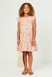GN4536 RED Girls Floral Print Ruffle Sleeve Tiered Dress Full Body