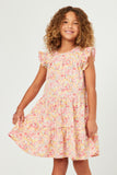 GN4536 RED Girls Floral Print Ruffle Sleeve Tiered Dress Front