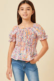 GN4539 BLUSH Girls Floral Puff Sleeve Smocked Top Front