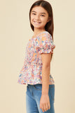 GN4539 BLUSH Girls Floral Puff Sleeve Smocked Top Side