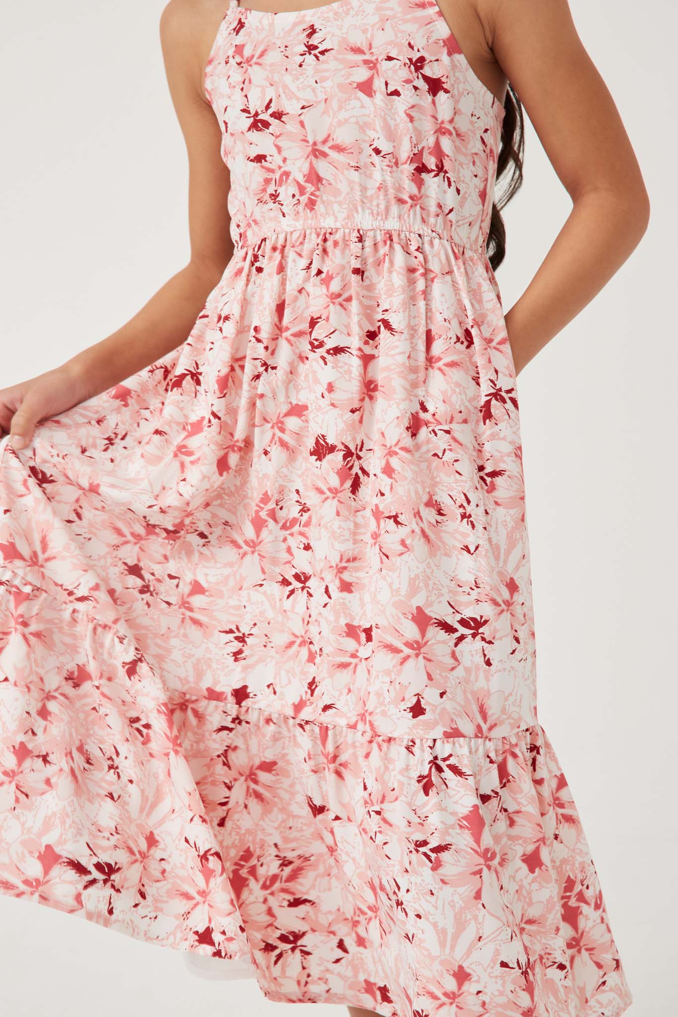 GN4556 PINK Girls Floral Back Smocked Tiered Tank Dress Detail