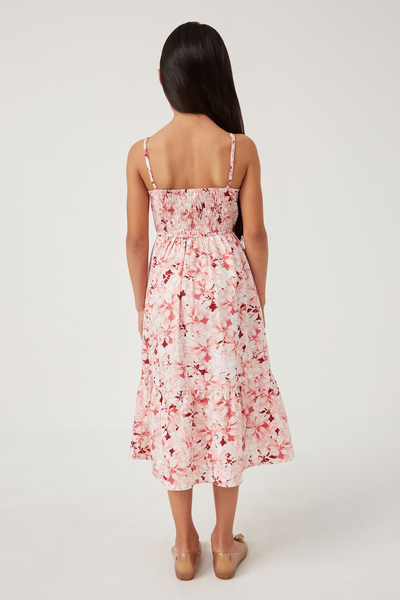 GN4556 PINK Girls Floral Back Smocked Tiered Tank Dress Back