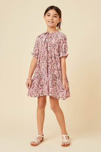 GN4575 MAUVE Girls Floral Print Tie Neck Cinch Sleeve Dress Full Body