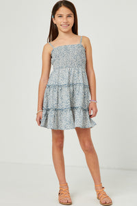GN4589 BLUE Girls Botanical Print Smocked Tiered Dress Full Body