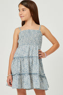 GN4589 BLUE Girls Botanical Print Smocked Tiered Dress Front