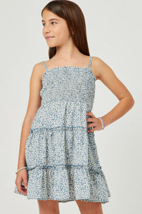 GN4589 BLUE Girls Botanical Print Smocked Tiered Dress Front