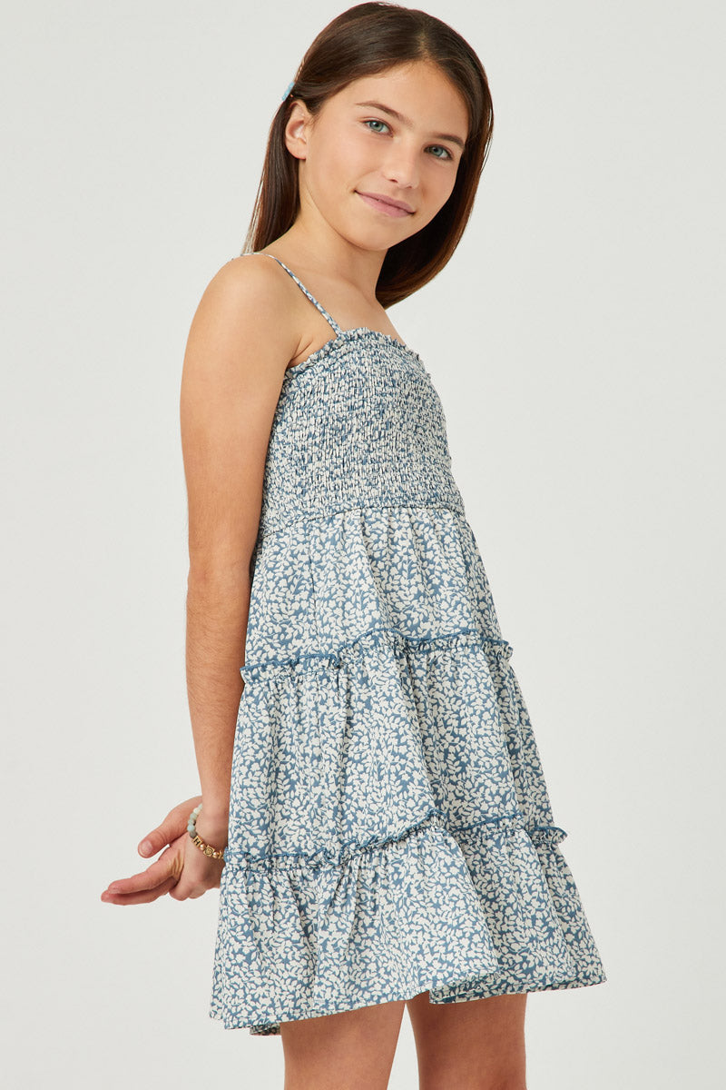 GN4589 BLUE Girls Botanical Print Smocked Tiered Dress Side