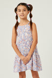 GN4590 BLUE Girls Floral Print Tiered Sleeveless Dress Front