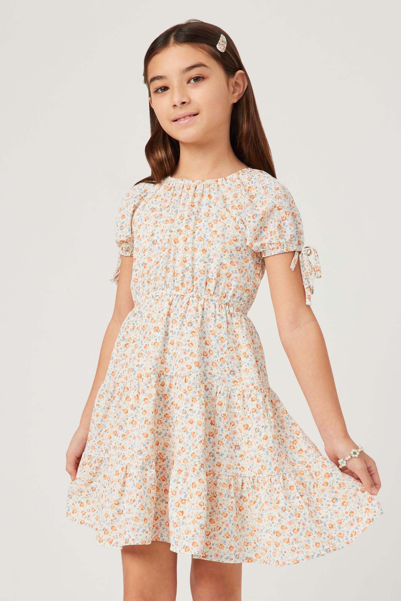 Ditsy Floral Puff Tie Sleeve Tiered Dress
