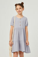 GN4685 Blue Girls Button Detail Puff Sleeve Round Neck Dress Front