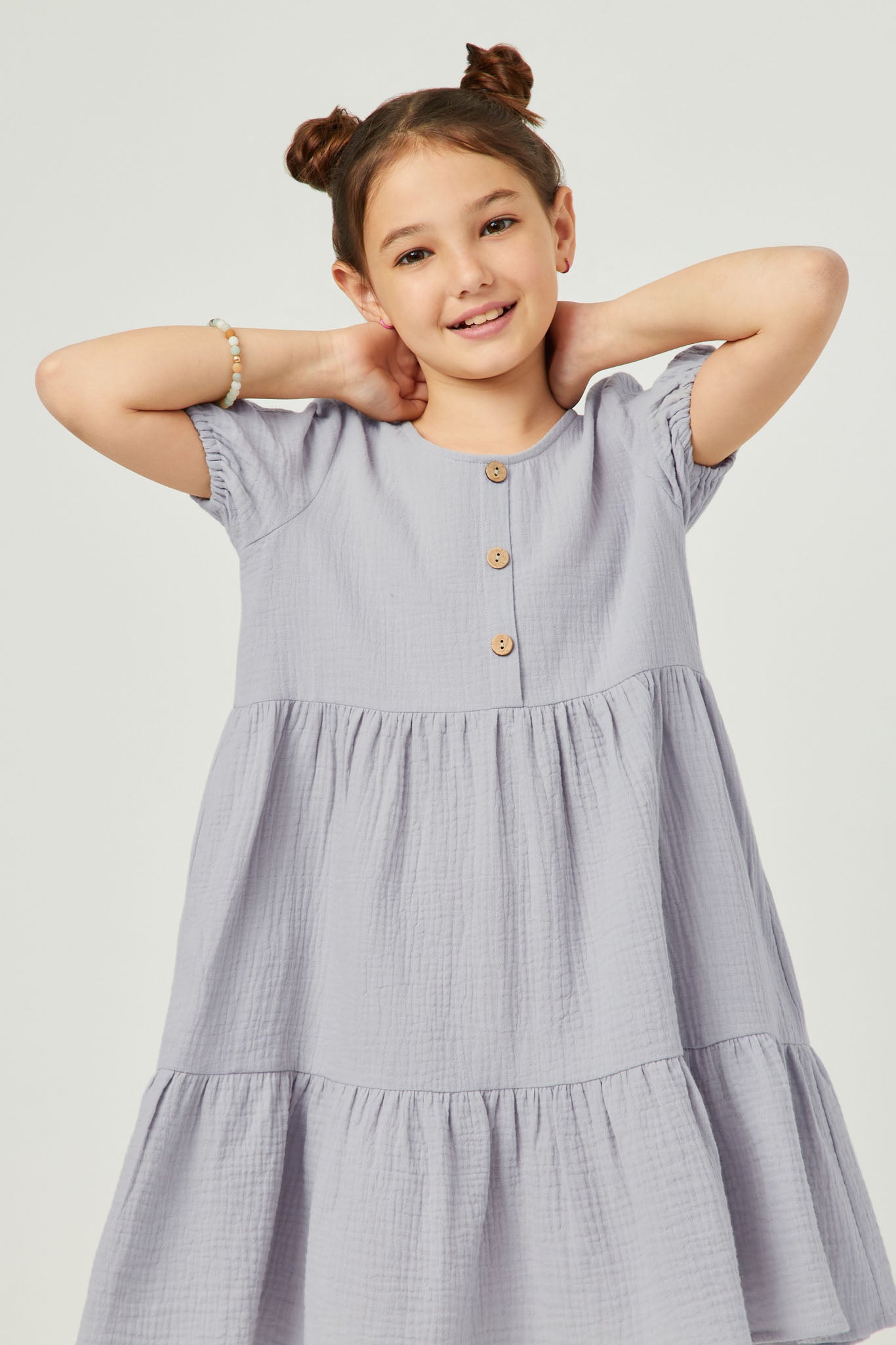 Button Detail Puff Sleeve Round Neck Dress