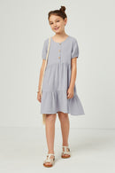 GN4685 Blue Girls Button Detail Puff Sleeve Round Neck Dress Full Body