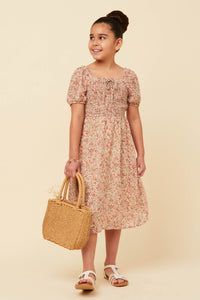 GN4688 Ivory Girls Ditsy Floral Puff Sleeve Smocked Square Neck Dress Full Body
