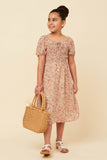 GN4688 Ivory Girls Ditsy Floral Puff Sleeve Smocked Square Neck Dress Full Body