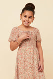 GN4688 Ivory Girls Ditsy Floral Puff Sleeve Smocked Square Neck Dress Front