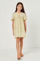 GN4693 LIME Girls Floral Ruffle Detail V Neck Short Sleeve Dress Full Body