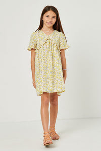 GN4693 LIME Girls Floral Ruffle Detail V Neck Short Sleeve Dress Full Body