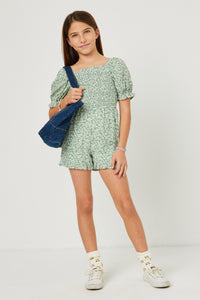 GN4702 SAGE Girls Ditsy Floral Smocked Puff Sleeve Romper Full Body