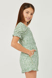 GN4702 SAGE Girls Ditsy Floral Smocked Puff Sleeve Romper Side