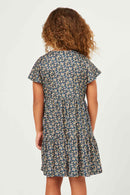 GN4709 NAVY Girls Ditsy Floral Knit Tie Neck Dress Back