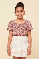 GN4728 MAUVE Girls Floral Print Flutter Sleeve Smocked Square Neck Top Front