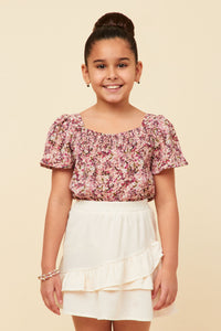 GN4728 MAUVE Girls Floral Print Flutter Sleeve Smocked Square Neck Top Front