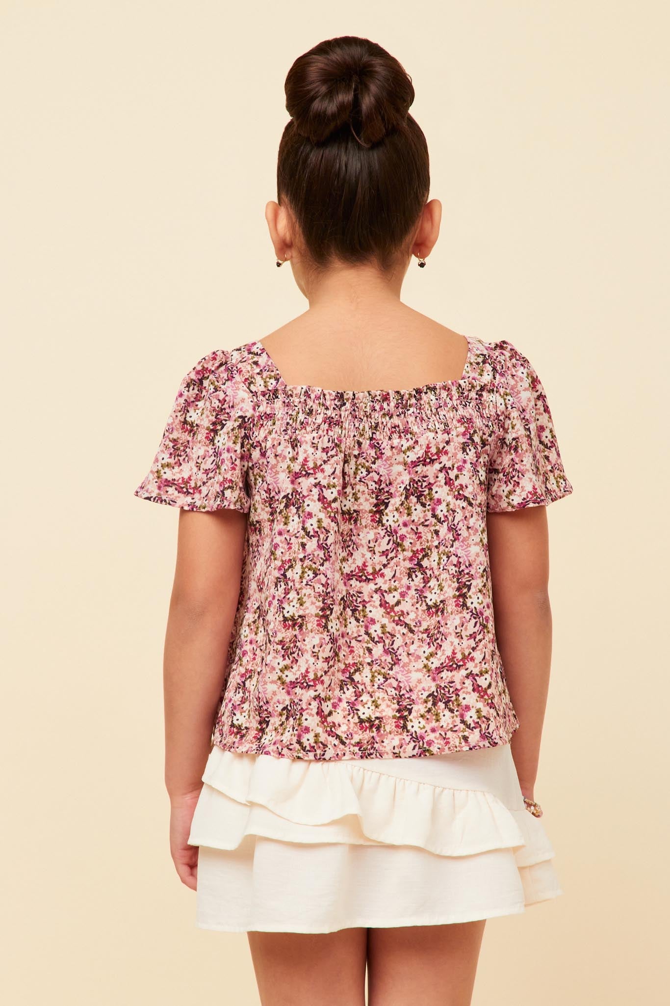 GN4728 MAUVE Girls Floral Print Flutter Sleeve Smocked Square Neck Top Back