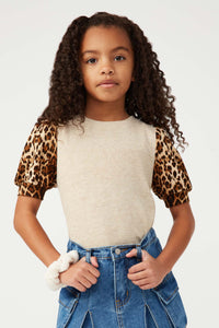 GS0003 Oatmeal Smithsonian Cheetah Puff Sleeve Knit Top Front
