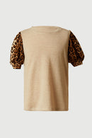 GS0003 Oatmeal Smithsonian Cheetah Puff Sleeve Knit Top Front 2