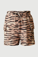 GS0006 Orange Smithsonian Tiger Print Patch Pocket Knit Shorts Front