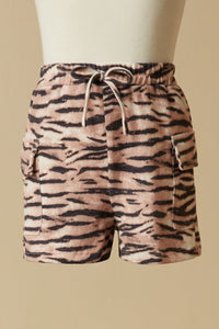 GS0006 Orange Smithsonian Tiger Print Patch Pocket Knit Shorts Full Body