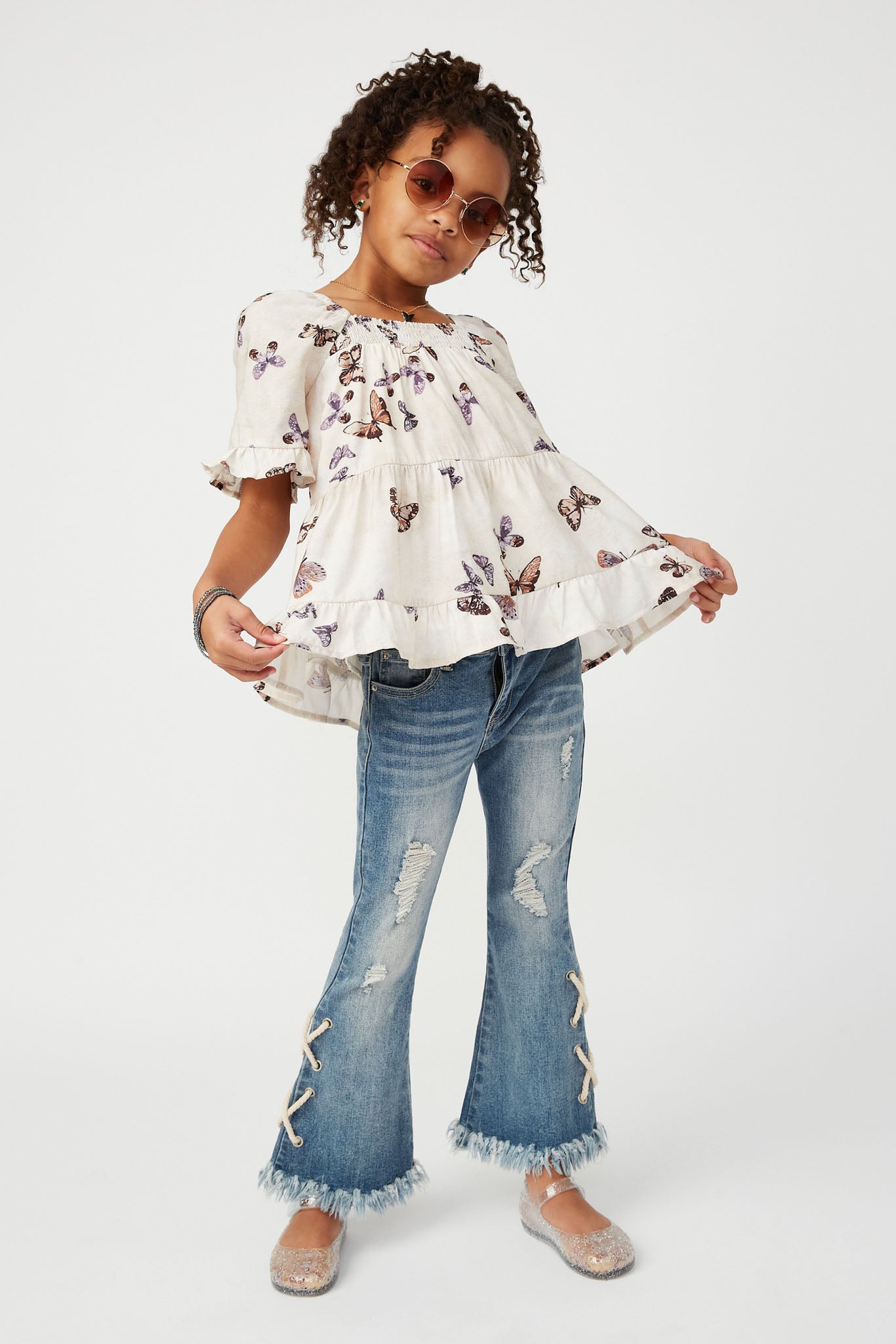 Smithsonian Butterfly Print Ruffled Square Neck Top