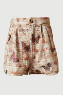 GS0011 Rust Smithsonian Butterfly Print Pleated Shorts Front