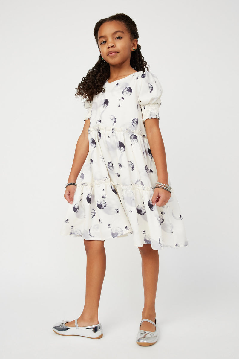 GS0014 Off White Smithsonian Moon Phase Satin Ruffle Tiered Dress Full Body