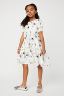 GS0014 Off White Smithsonian Moon Phase Satin Ruffle Tiered Dress Full Body