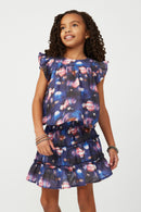 GS0018 Navy Smithsonian Planet Print Smocked Ruffle Skirt Front