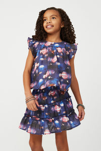 GS0018 Navy Smithsonian Planet Print Smocked Ruffle Skirt Front